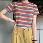 Rainbow Striped Crop T-shirt Tee - Rainbow - One Size