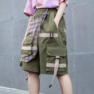 Plaid Panel Cargo Shorts Army Green - One Size