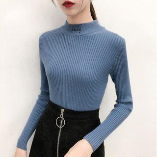 Letter Embroidered Mock Turtleneck Long-sleeve Knit Top