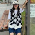 Checkered Button-up Sweater Vest Checkered - Black & Beige - One Size