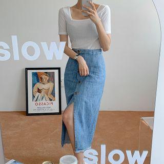 Diagonal-button Long Denim Skirt