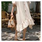 V-neck Frill-hem Shirtdress Beige - One Size