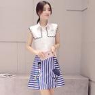 Set: Sleeveless Printed Blouse + Striped Applique A-line Skirt