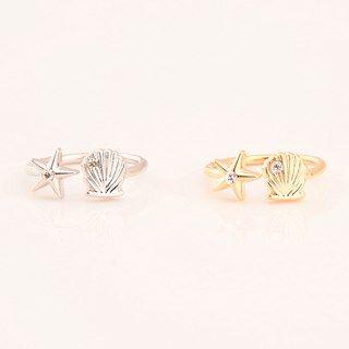 Rhinestone Starfish & Shell Knuckle Ring