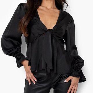 Puff Sleeve Tie-front Satin Top
