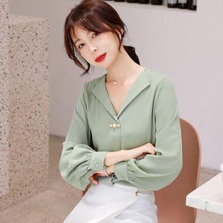 Collared Lantern-sleeve Chiffon Blouse