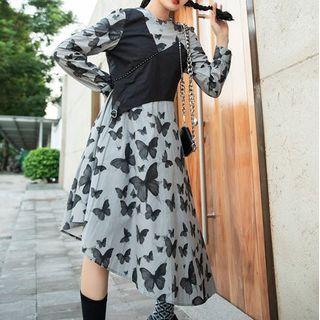 Long-sleeve Mock Two-piece Butterfly Print Dress