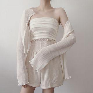 Set: Plain Long-sleeve Blouse + Bandeau + Shorts