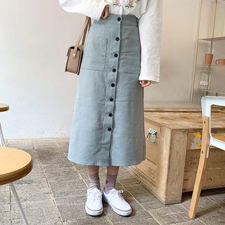 Button-front A-line Midi Skirt Gray - One Size