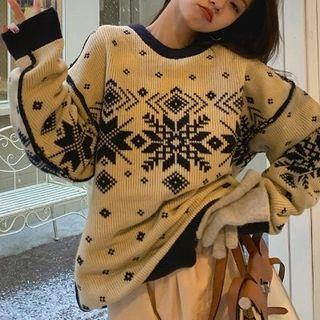 Snowflake Print Sweater Black Print - Yellow - One Size