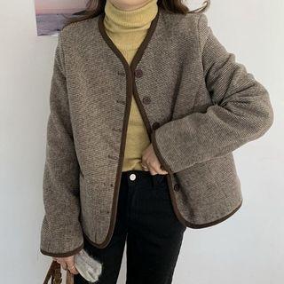 Plaid Button Jacket / Long-sleeve Mock-neck Top