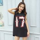 Sleeveless Numbering Hooded Long Top Black - One Size