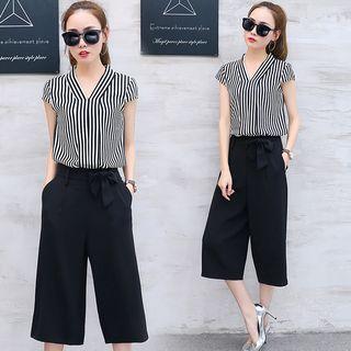 Set: Striped Blouse + Wide-leg Pants