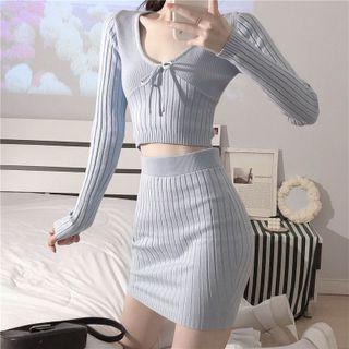 V-neck Plain Knit Crop Top / Mini Pencil Skirt