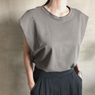 Cap-sleeve Plain T-shirt Charcoal Gray - One Size