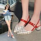 Pointed Plaid Block Heel Sandals