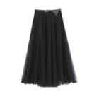 Mesh A-line Pleated Midi Skirt