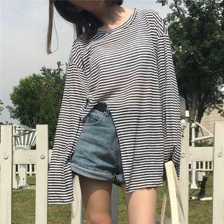 Striped Side-slit Long-sleeve T-shirt