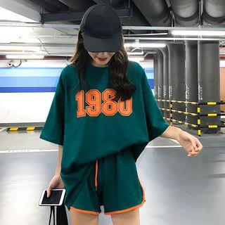 Sports Set:elbow-sleeve Lettering Top + Shorts