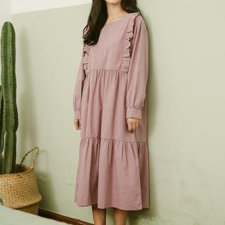 Ruffle Trim Long-sleeve Midi Dress As Shown In Figure - One Size