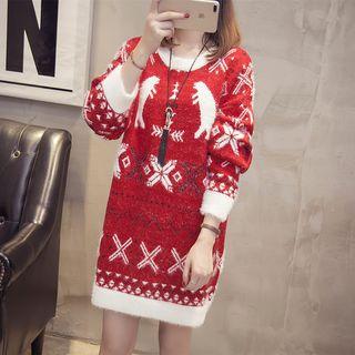 Long-sleeve Pattern Mini Knit Dress