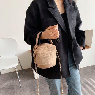 Top Handle Fluffy Panel Bucket Bag