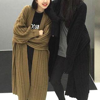 Plain Loose-fit Puff-sleeve Long Cardigan