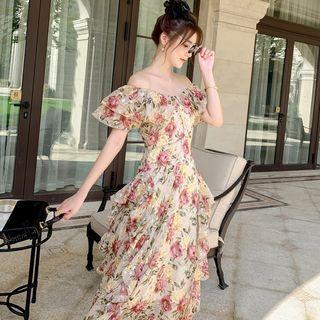 Short-sleeve Off-shoulder Floral Maxi A-line Dress