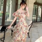 Short-sleeve Off-shoulder Floral Maxi A-line Dress