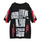 Lettering Printed Elbow Sleeve T-shirt