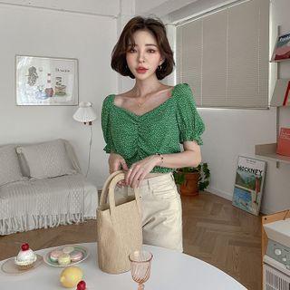Shirred Heart-patterned Crop Top