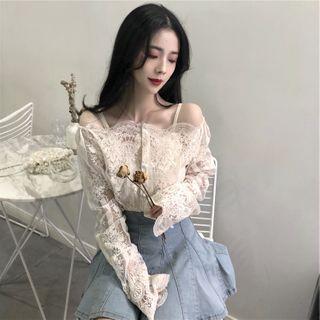 Lace Off-shoulder Blouse / Denim Mini A-line Skort