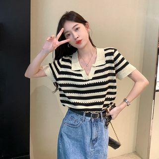 Polo-neck Striped Cut-out Knit Top Almond - One Size