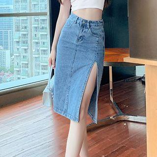 High Waist Slit Denim Fitted Skirt