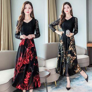 Flower Print Lace Panel Long-sleeve Midi A-line Dress