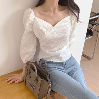 Lantern-sleeve Crisscross Plain Blouse