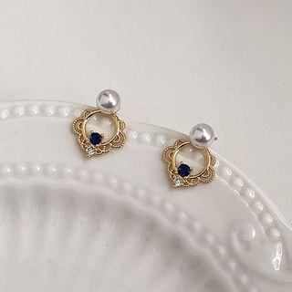 Rhinestone Beaded Stud Earring 1 Pair - C - 373 - White Faux Pearl & Blue Rhinestone - Gold - One Size