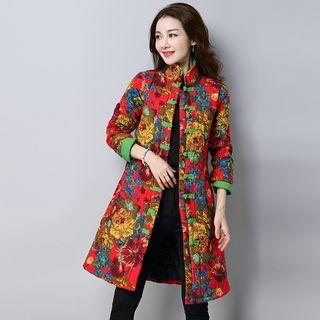 Floral Print Mandarin Collar Frog Button Coat