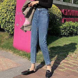 Cropped Fleece-lined Straight Leg Jeans