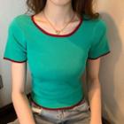 Short-sleeve Round Neck Contrast Trim Knit Top