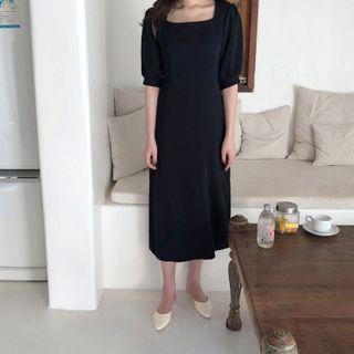 Plain Elbow-sleeve Square-neck Midi A-line Dress