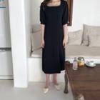 Plain Elbow-sleeve Square-neck Midi A-line Dress