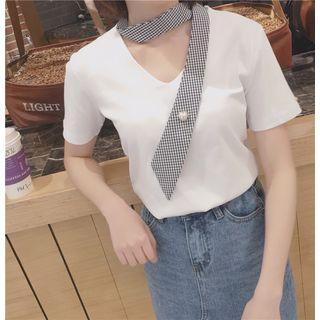 Faux Pearl Plaid Panel Short Sleeve T-shirt