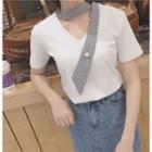 Faux Pearl Plaid Panel Short Sleeve T-shirt