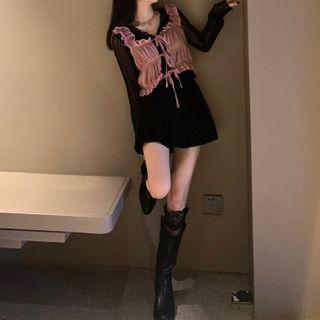Sheer Lace Top / Rucged Tie Vest / Pleated Mini Skirt