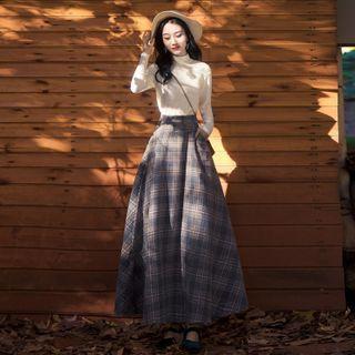 Set: Plain Sweater + Plaid Maxi A-line Skirt