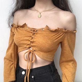 Long-sleeve Off-shoulder Lace-up Crop Top