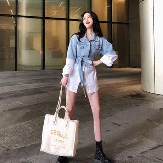 Mock Two-piece Tie-waist Denim Jacket Light Blue - One Size