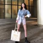 Mock Two-piece Tie-waist Denim Jacket Light Blue - One Size