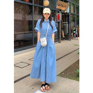 Gathered-waist Maxi Denim Shirtdress Dark Blue - One Size